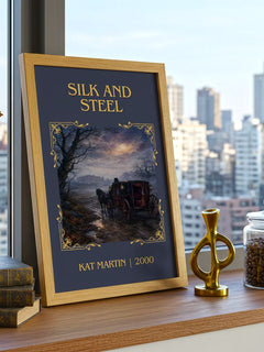 Silk and Steel Classic Book Art Print by Kat Martin – framed print on a city-view windowsill