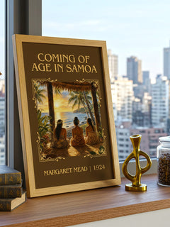 Coming of age in Samoa Classic Book Art Print by Margaret Mead – framed print on a city-view windowsill