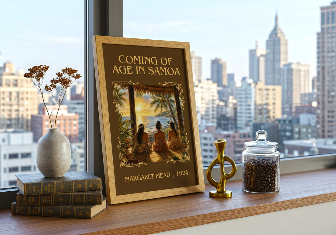 Coming of age in Samoa Classic Book Art Print by Margaret Mead – framed print on a city-view windowsill