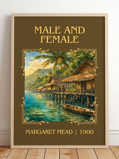 Male and female Classic Book Art Print by Margaret Mead – framed print leaning on a wooden floor