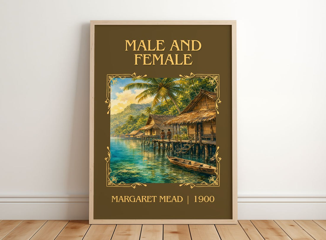 Male and female Classic Book Art Print by Margaret Mead – framed print leaning on a wooden floor