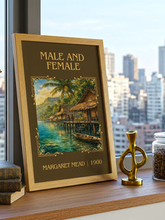 Male and female Classic Book Art Print by Margaret Mead – framed print on a city-view windowsill