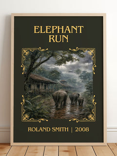 Elephant run Classic Book Art Print by Roland Smith – framed print leaning on a wooden floor