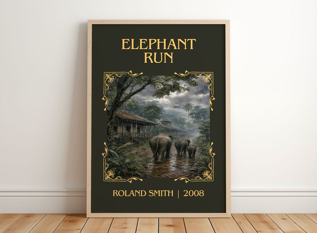 Elephant run Classic Book Art Print by Roland Smith – framed print leaning on a wooden floor