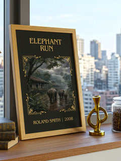 Elephant run Classic Book Art Print by Roland Smith – framed print on a city-view windowsill