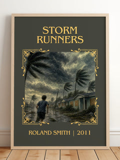 Storm Runners Classic Book Art Print by Roland Smith – framed print leaning on a wooden floor