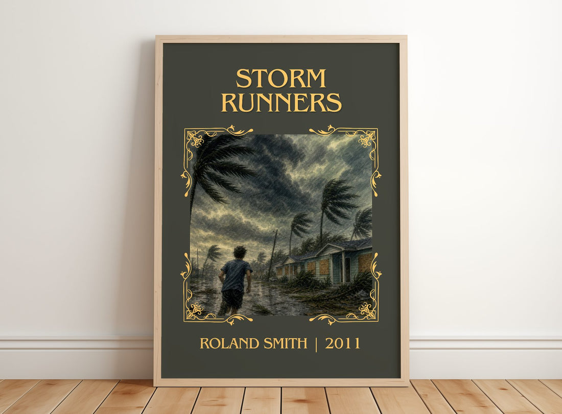 Storm Runners Classic Book Art Print by Roland Smith – framed print leaning on a wooden floor