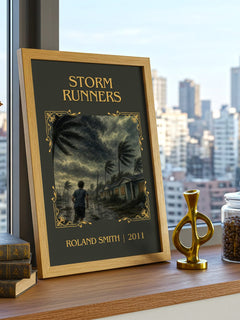 Storm Runners Classic Book Art Print by Roland Smith – framed print on a city-view windowsill
