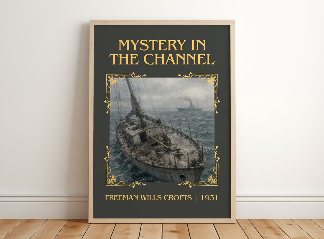 Mystery in the channel Classic Book Art Print by Freeman Wills Crofts – framed print leaning on a wooden floor