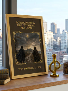 Rosencrantz & Guildenstern are dead Classic Book Art Print by Tom Stoppard – framed print on a city-view windowsill
