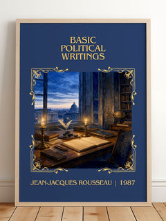 Basic political writings Classic Book Art Print by J. Rousseau – framed print leaning on a wooden floor