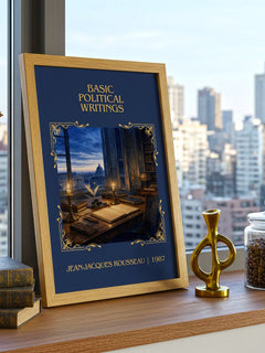 Basic political writings Classic Book Art Print by J. Rousseau – framed print on a city-view windowsill
