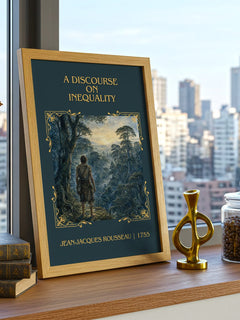 discourse on inequality Classic Book Art Print by J. Rousseau – framed print on a city-view windowsill