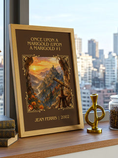 Once Upon A Marigold (Upon a Marigold #1 Classic Book Art Print by Jean Ferris – framed print on a city-view windowsill