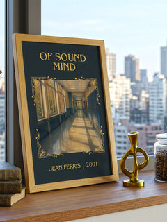 Of sound mind Classic Book Art Print by Jean Ferris – framed print on a city-view windowsill