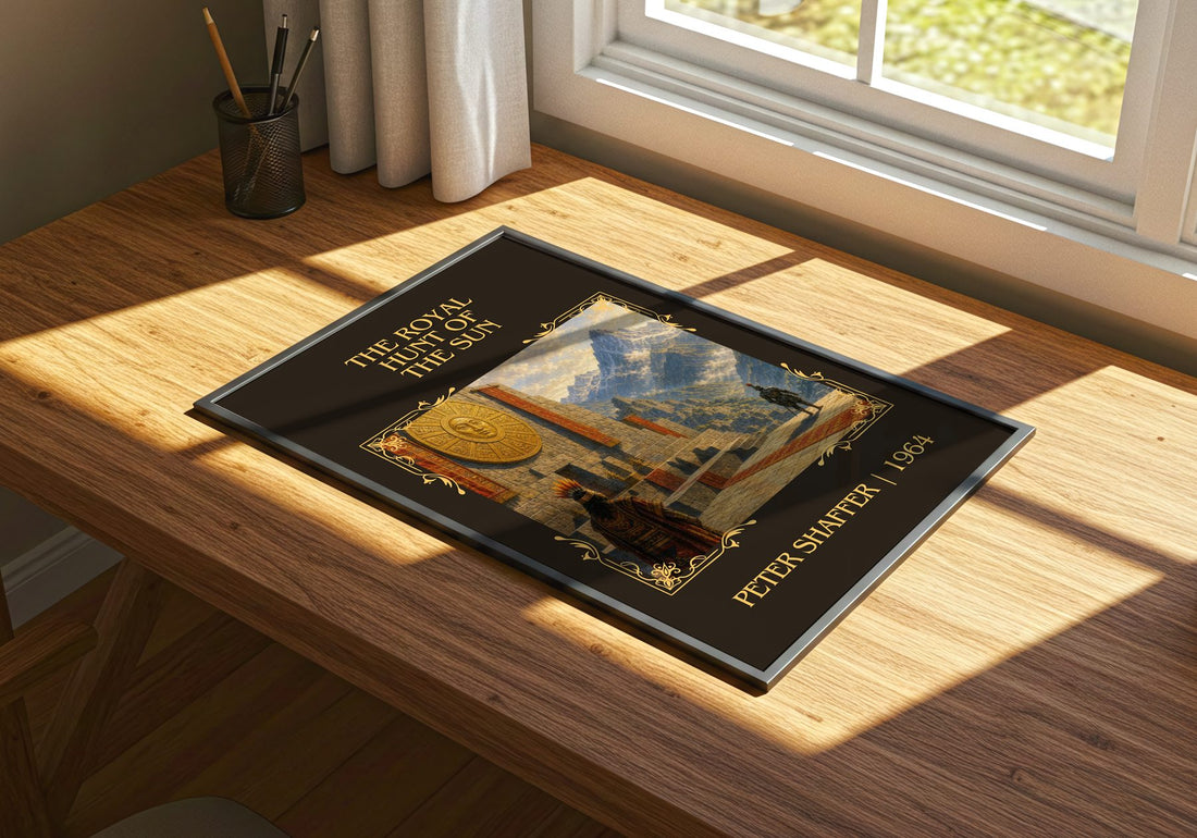 The royal hunt of the sun Classic Book Art Print by Peter Shaffer – print on a sunlit desk