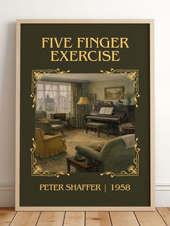 Five finger exercise Classic Book Art Print by Peter Shaffer – framed print leaning on a wooden floor