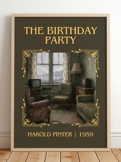 The birthday party Classic Book Art Print by Harold Pinter – framed print leaning on a wooden floor