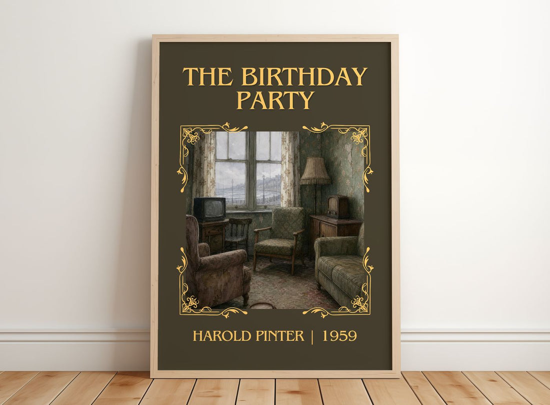 The birthday party Classic Book Art Print by Harold Pinter – framed print leaning on a wooden floor