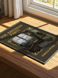 The birthday party Classic Book Art Print by Harold Pinter – print on a sunlit desk