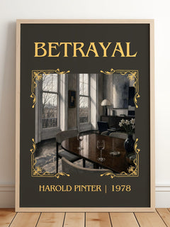 Betrayal Classic Book Art Print by Harold Pinter – framed print leaning on a wooden floor
