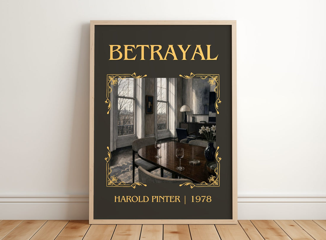 Betrayal Classic Book Art Print by Harold Pinter – framed print leaning on a wooden floor