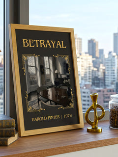 Betrayal Classic Book Art Print by Harold Pinter – framed print on a city-view windowsill