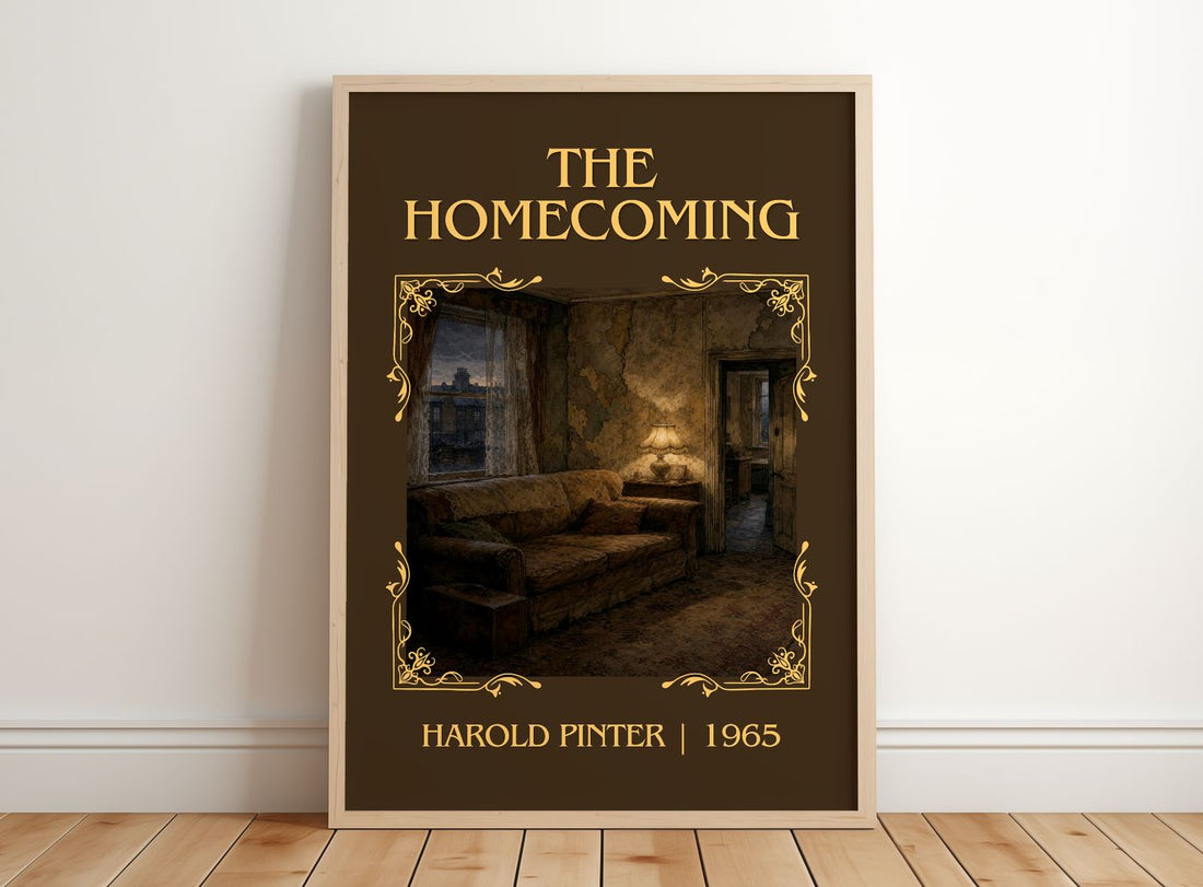 The homecoming Classic Book Art Print by Harold Pinter – framed print leaning on a wooden floor