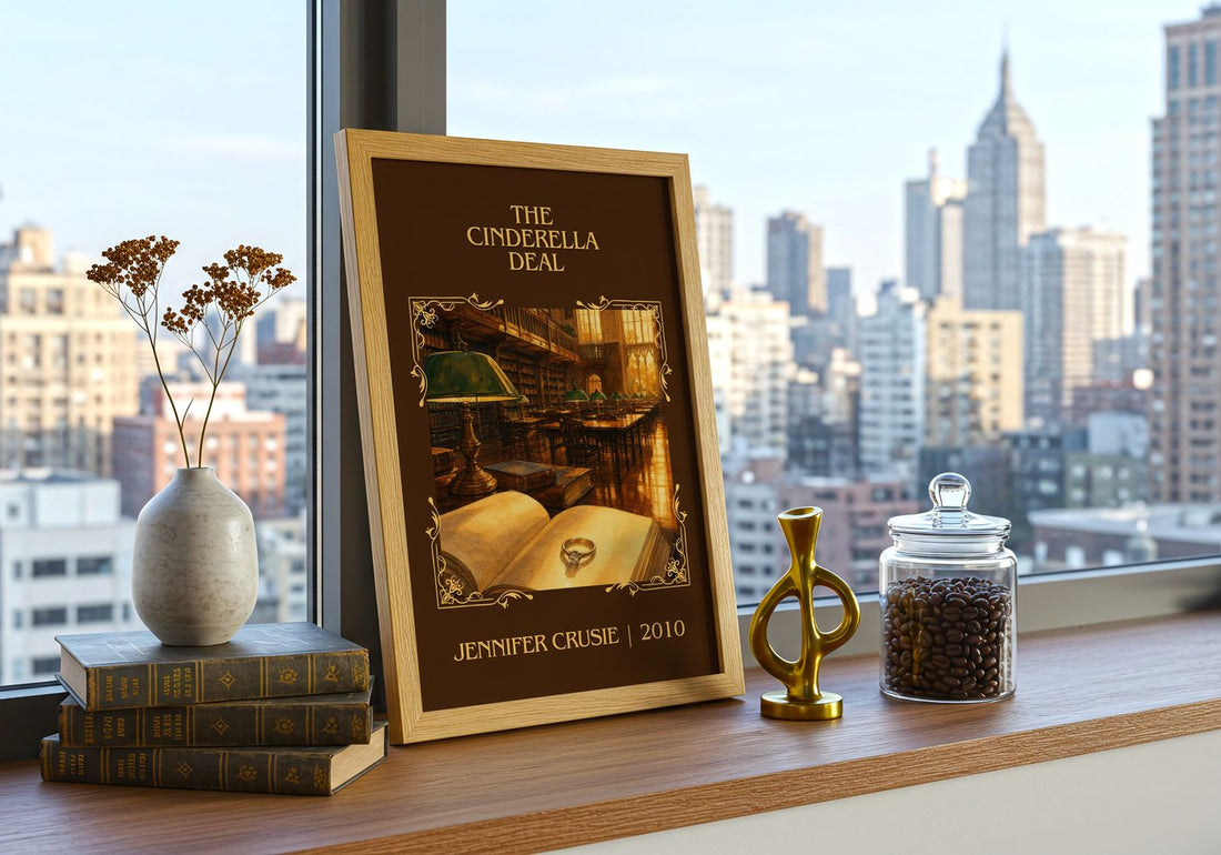 The Cinderella Deal Classic Book Art Print by Jennifer Crusie – framed print on a city-view windowsill