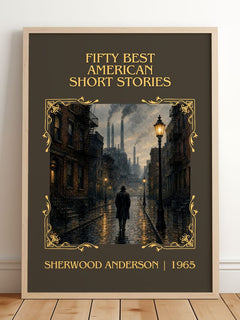 Fifty Best American Short Stories Classic Book Art Print by Sherwood Anderson – framed print leaning on a wooden floor