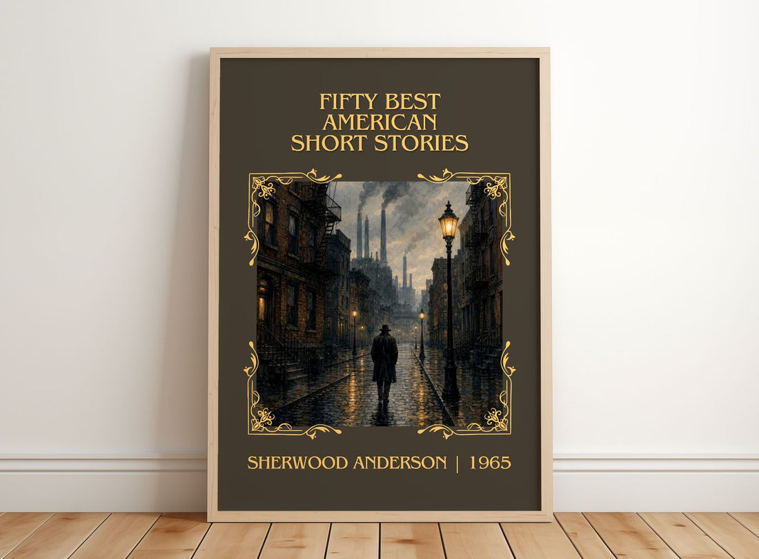 Fifty Best American Short Stories Classic Book Art Print by Sherwood Anderson – framed print leaning on a wooden floor
