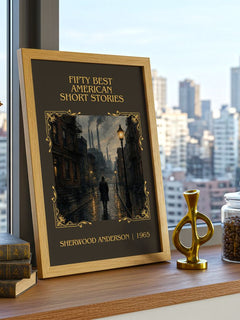 Fifty Best American Short Stories Classic Book Art Print by Sherwood Anderson – framed print on a city-view windowsill