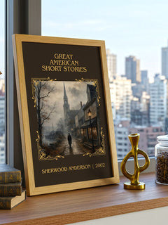 Great American Short Stories Classic Book Art Print by S. Anderson – framed print on a city-view windowsill