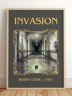 Invasion Classic Book Art Print by Robin Cook – framed print leaning on a wooden floor