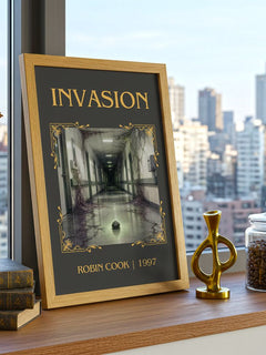 Invasion Classic Book Art Print by Robin Cook – framed print on a city-view windowsill