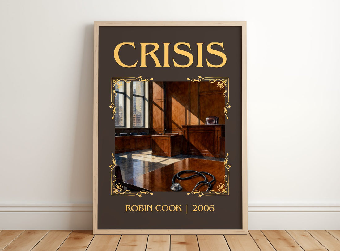 Crisis Classic Book Art Print by Robin Cook – framed print leaning on a wooden floor
