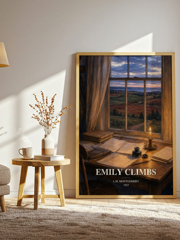 Emily Climbs watercolour print in frame leaning in hallway – childrens wall art