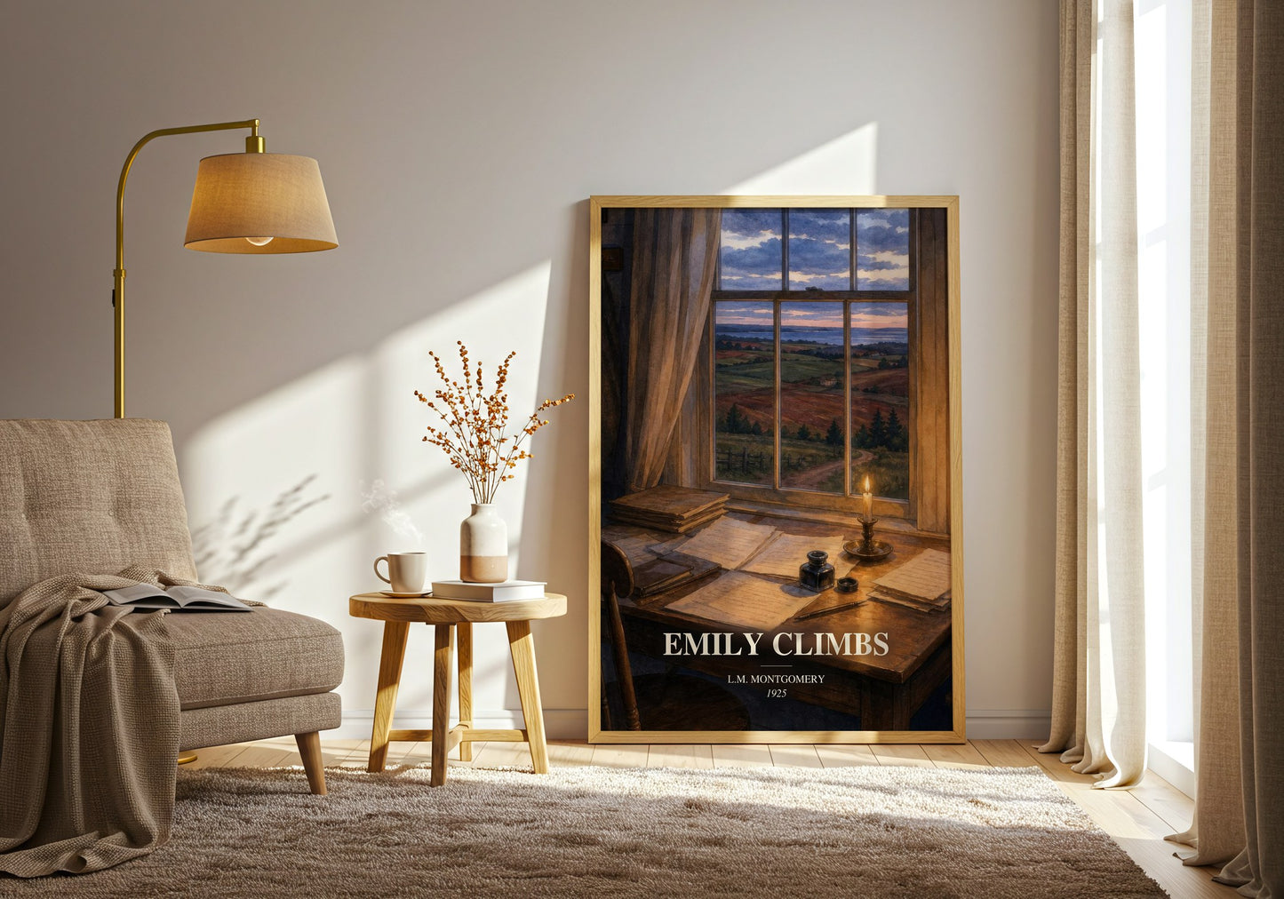 Emily Climbs watercolour print in frame leaning in hallway – childrens wall art