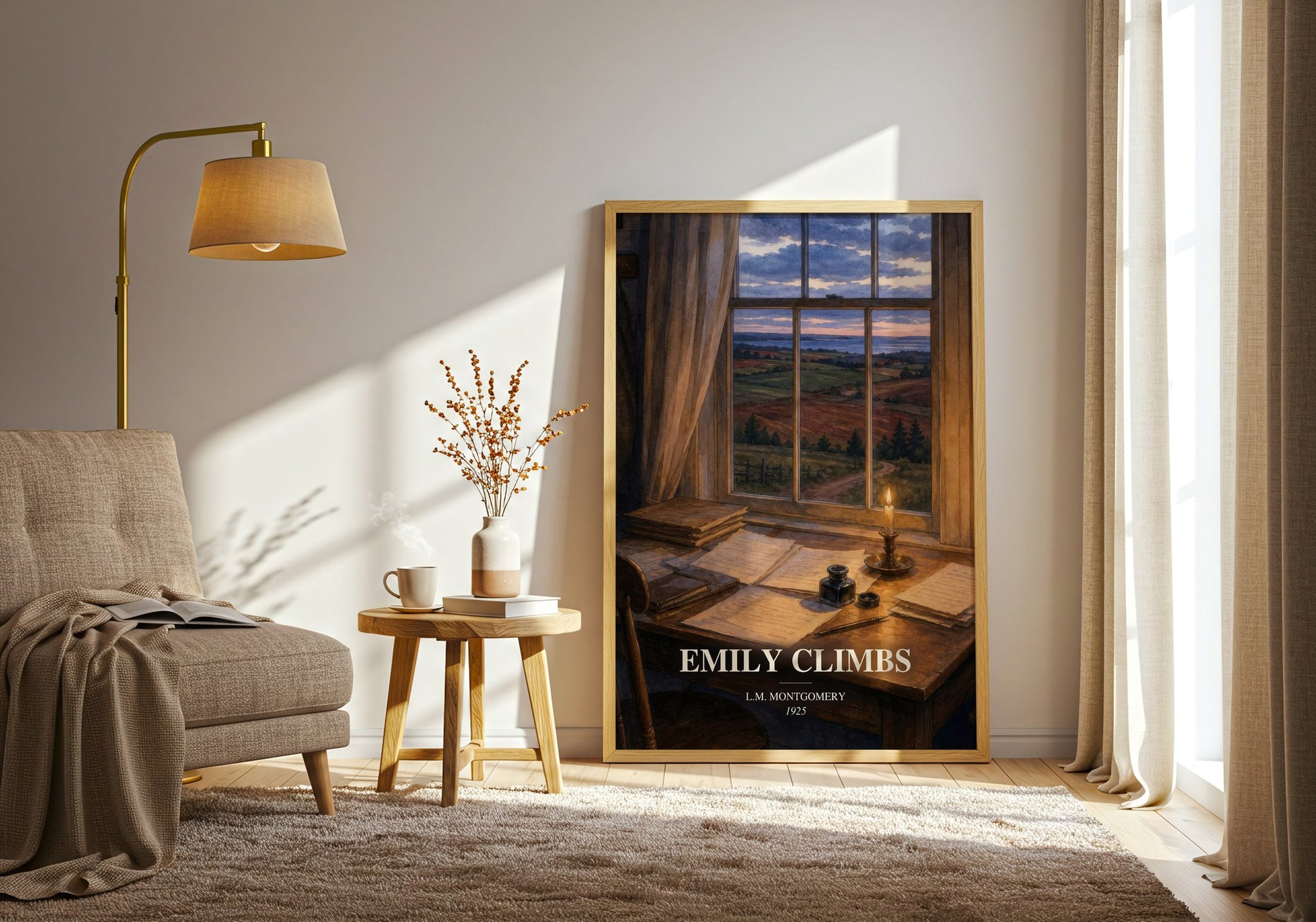 Emily Climbs watercolour print in frame leaning in hallway – childrens wall art
