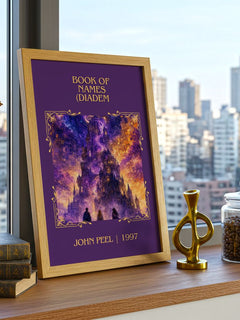 Book of Names (Diadem Classic Book Art Print by John Peel – framed print on a city-view windowsill