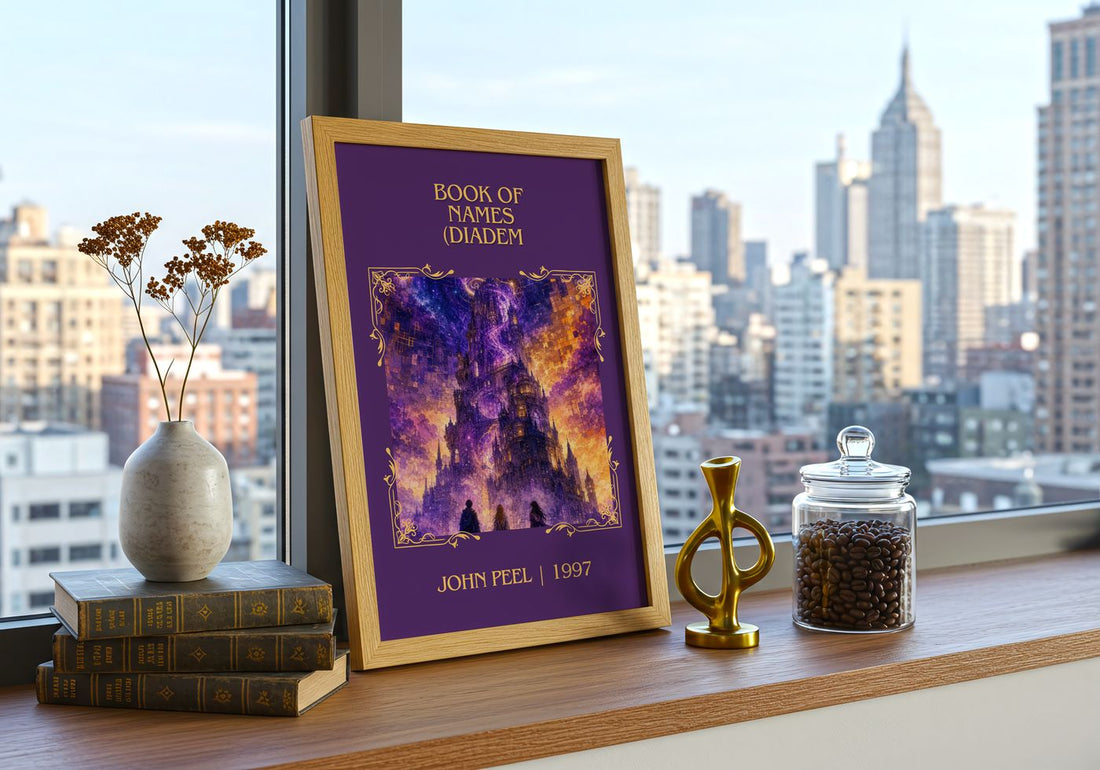 Book of Names (Diadem Classic Book Art Print by John Peel – framed print on a city-view windowsill