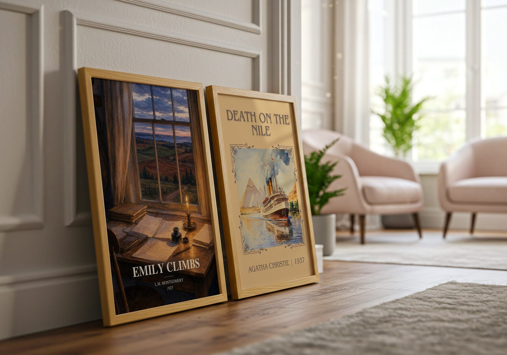 Emily Climbs watercolour print framed by window – literary home decor