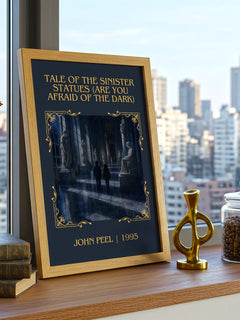 Tale of the Sinister Statues (Are You Afraid of the Dark) Classic Book Art Print by John Peel – framed print on a city-view windowsill