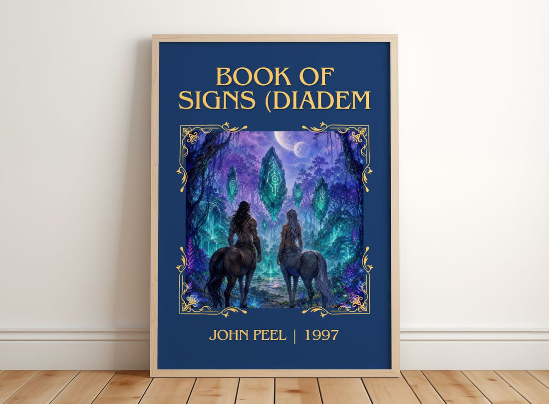 Book of Signs (Diadem Classic Book Art Print by John Peel – framed print leaning on a wooden floor