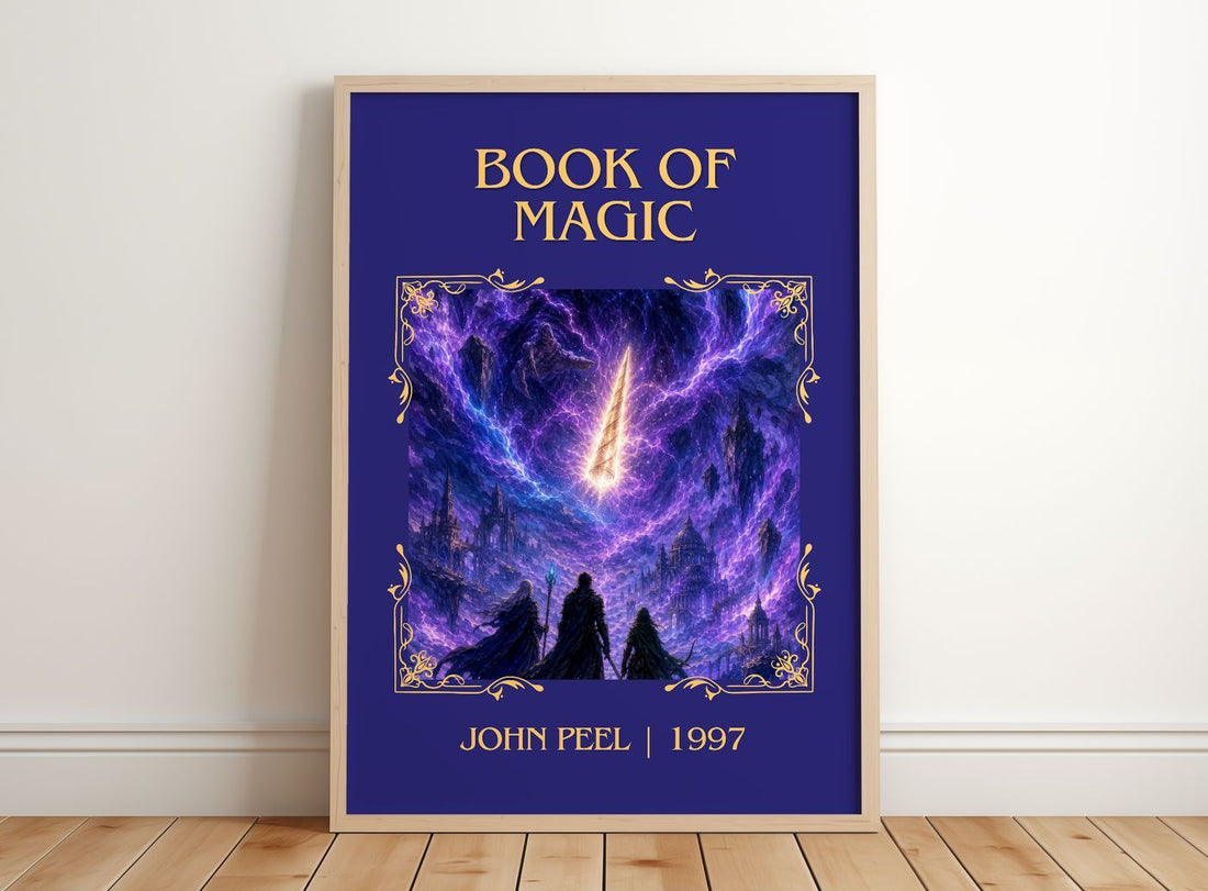 Book of magic Classic Book Art Print by John Peel – framed print leaning on a wooden floor