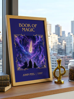 Book of magic Classic Book Art Print by John Peel – framed print on a city-view windowsill