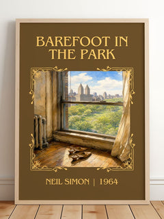 Barefoot in the park Classic Book Art Print by Neil Simon – framed print leaning on a wooden floor