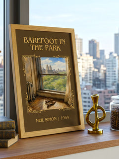 Barefoot in the park Classic Book Art Print by Neil Simon – framed print on a city-view windowsill