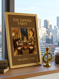 The Dinner Party Classic Book Art Print by Neil Simon – framed print on a city-view windowsill