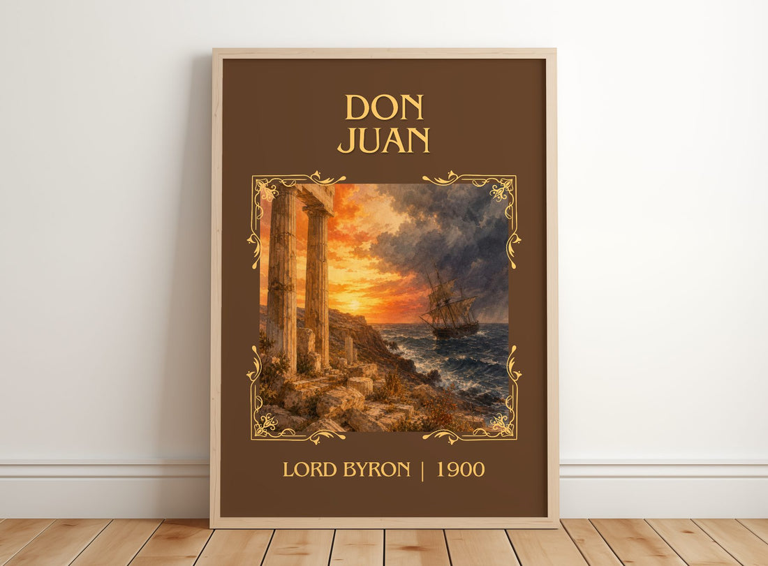 Don Juan Classic Book Art Print by Lord Byron – framed print leaning on a wooden floor